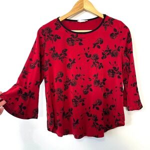 Exclusive One Red Black Floral Rose Bell Sleeve Top Blouse M Romantic Whimsigoth